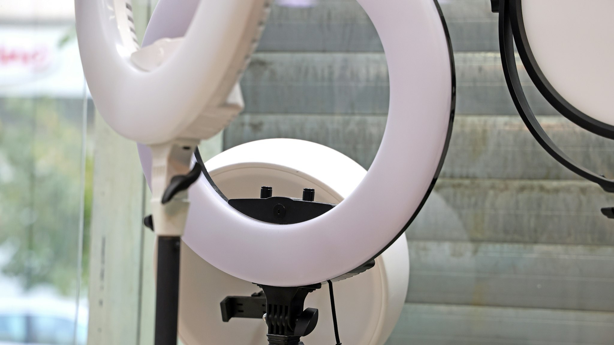Two white ring lights mounted on tripod stands in a studio