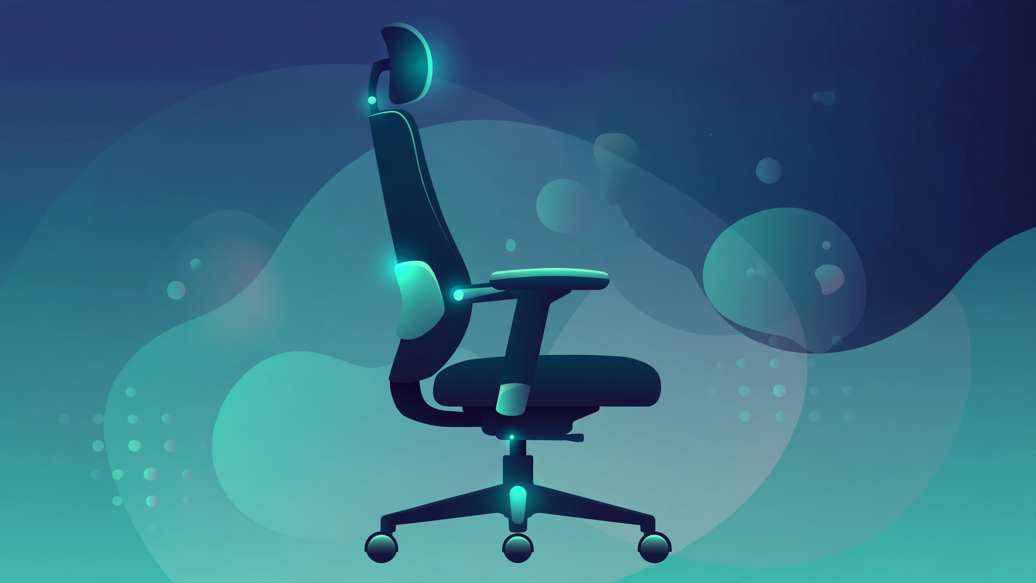 Diagram of ergonomic chair anatomy highlighting lumbar support, adjustable armrests, and headrest