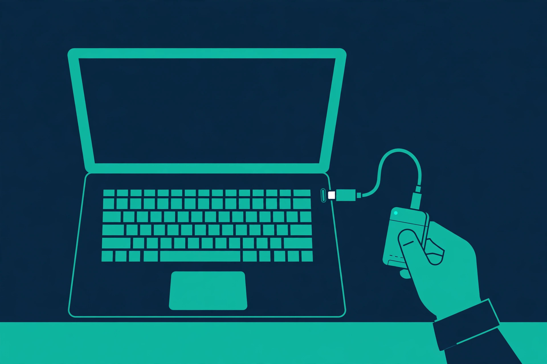Hand plugging a portable SSD into a laptop via USB-C cable