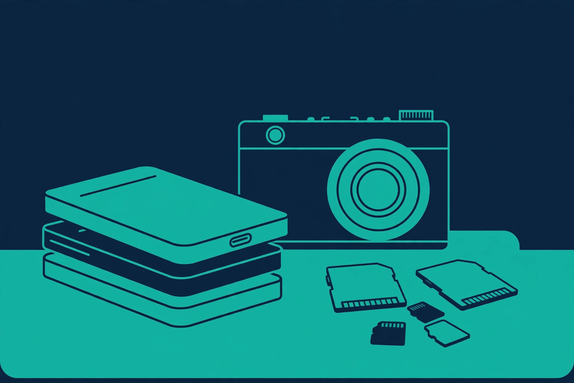 Stack of portable SSD drives with camera and memory cards on a desk