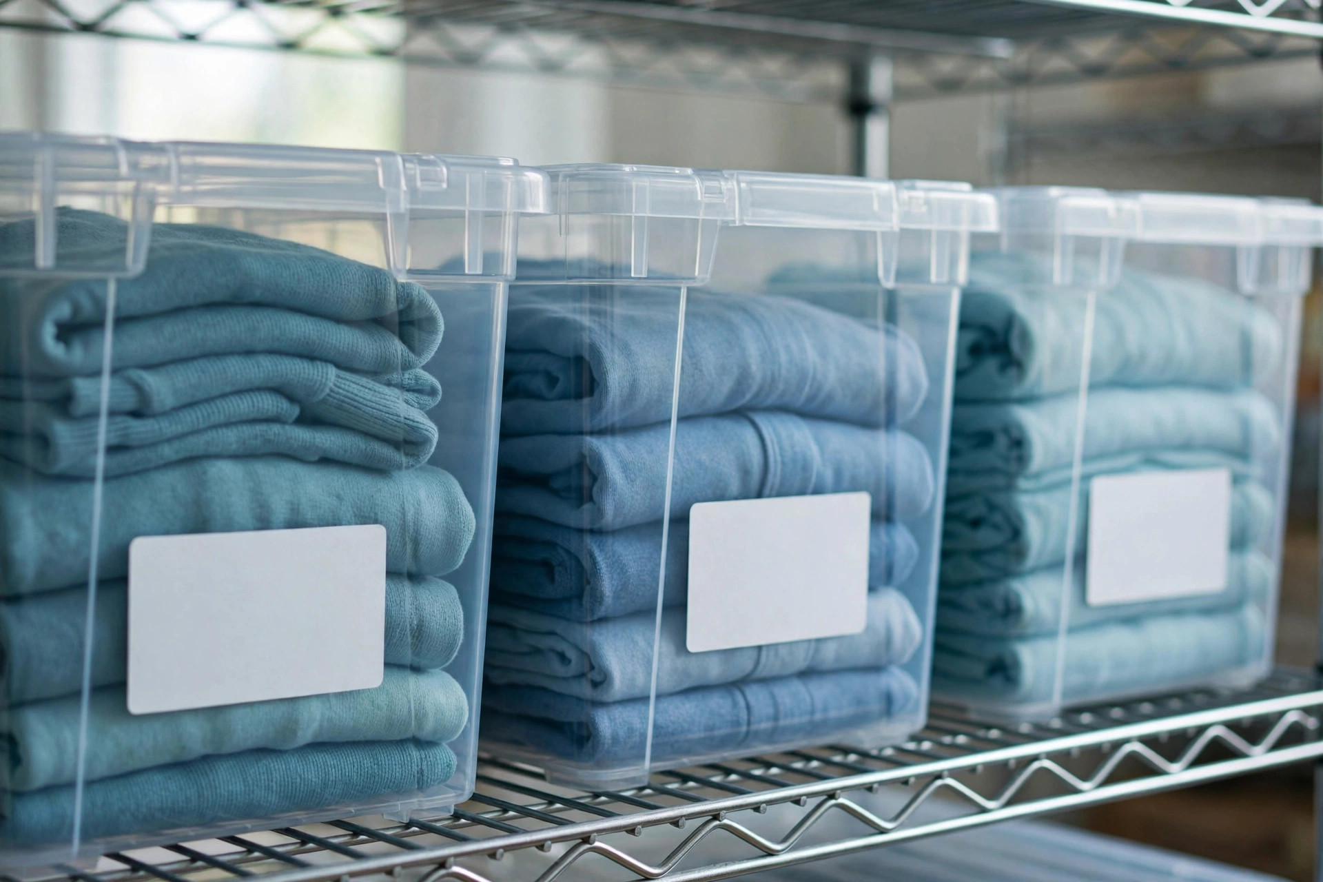 Clear stackable storage bins with folded apparel on metal shelving