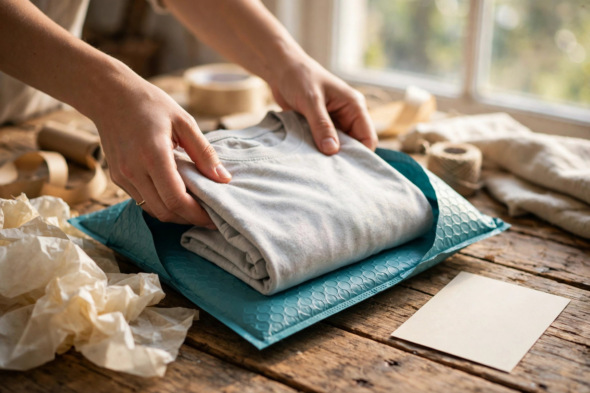 Hands packing a t-shirt into a poly mailer with tissue paper