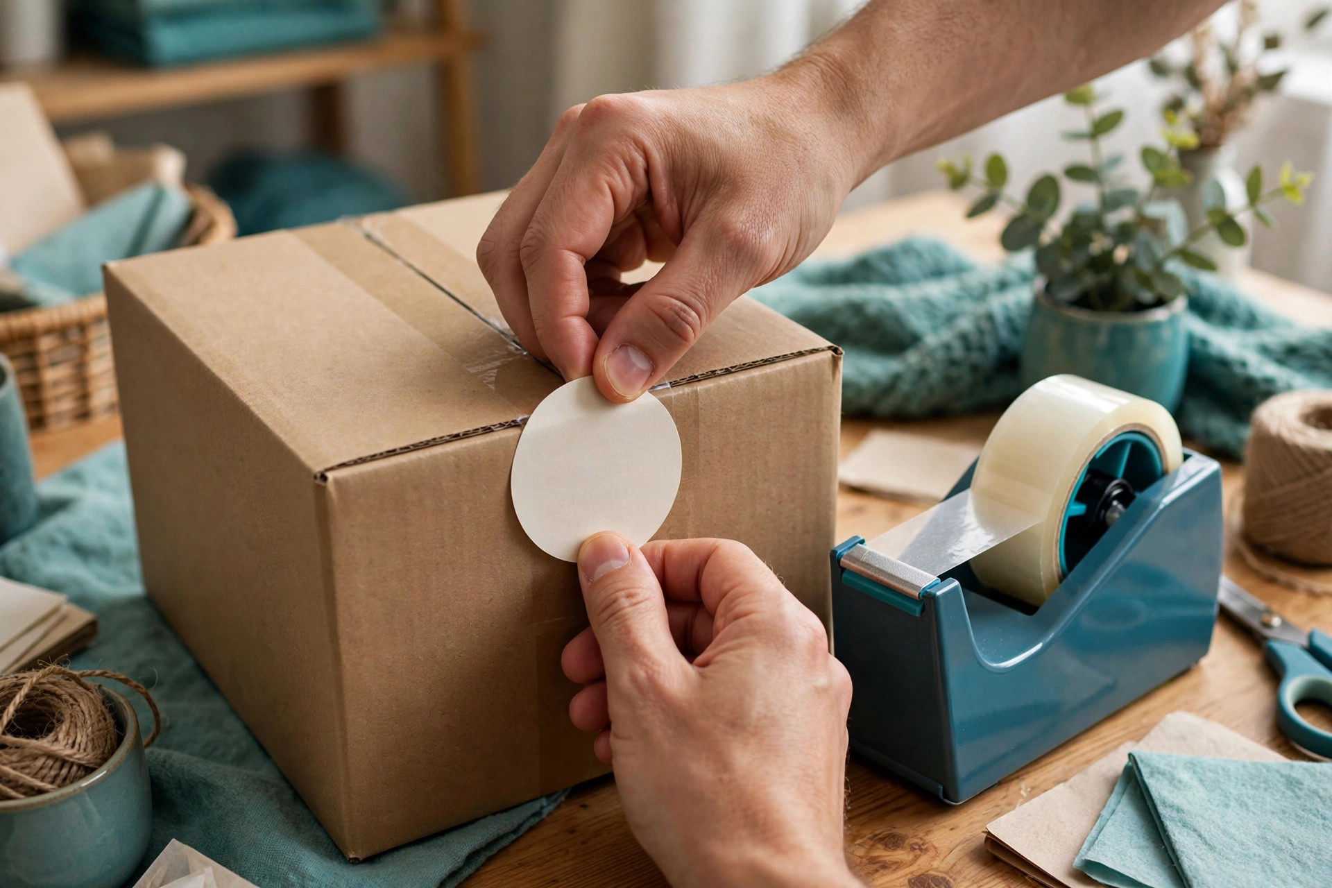Sealing a kraft shipping box with a thank you sticker