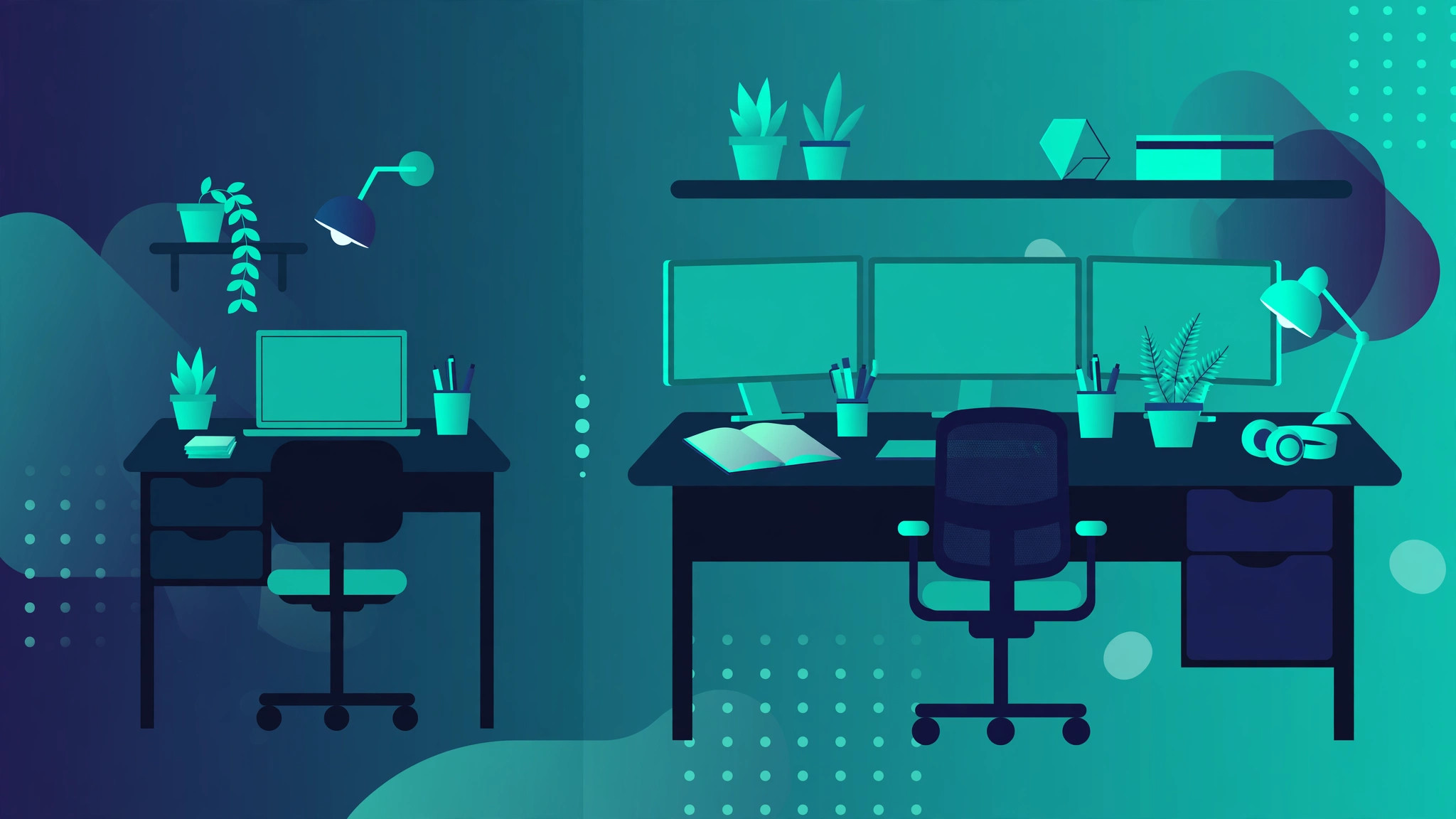 Side-by-side comparison of a compact 48-inch standing desk and a large 63-inch standing desk setup