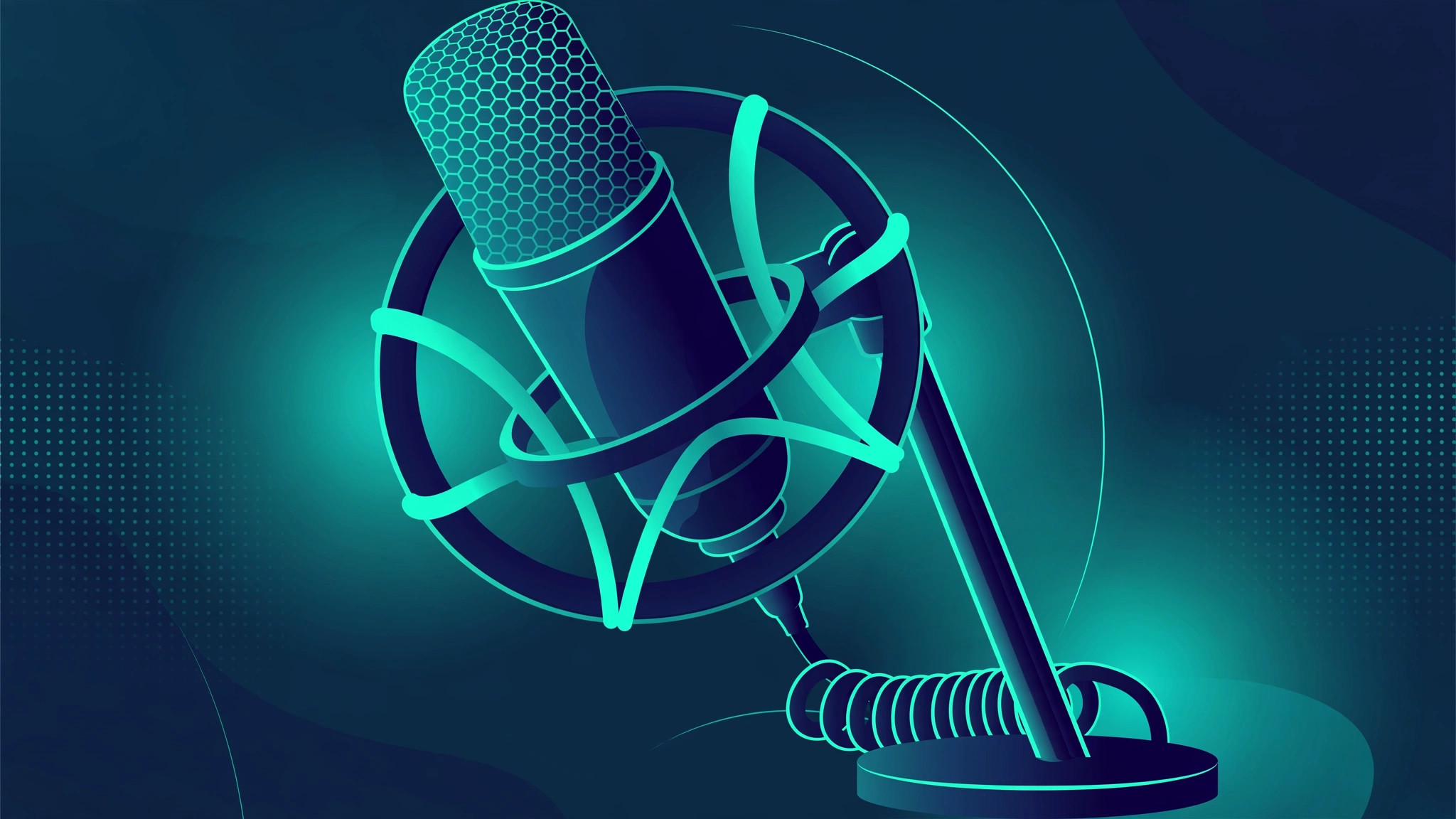 Close-up of a condenser USB microphone in a shock mount on a desk