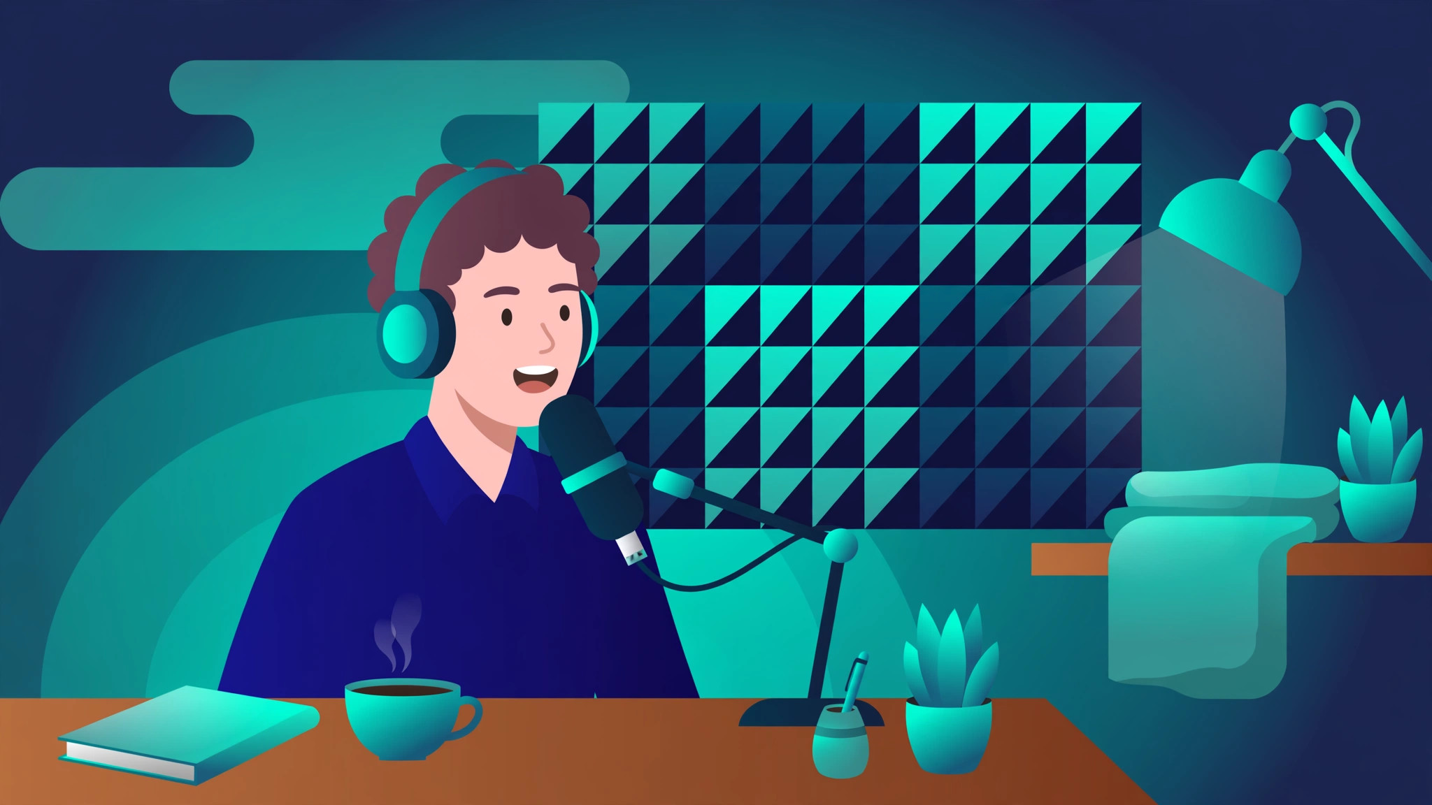 Creator recording a podcast at a desk with a USB microphone and headphones